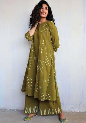 Olive Printed Viscose Kurta Set