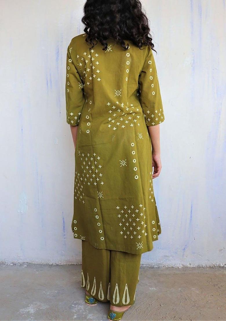 Olive Printed Viscose Kurta Set - Indya