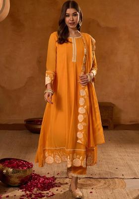 Yellow Embroidered Georgette Kurta Set