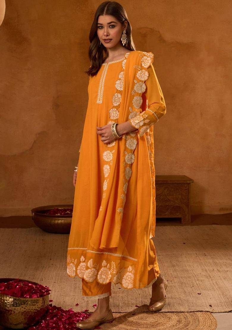 Yellow Embroidered Georgette Kurta Set - Indya