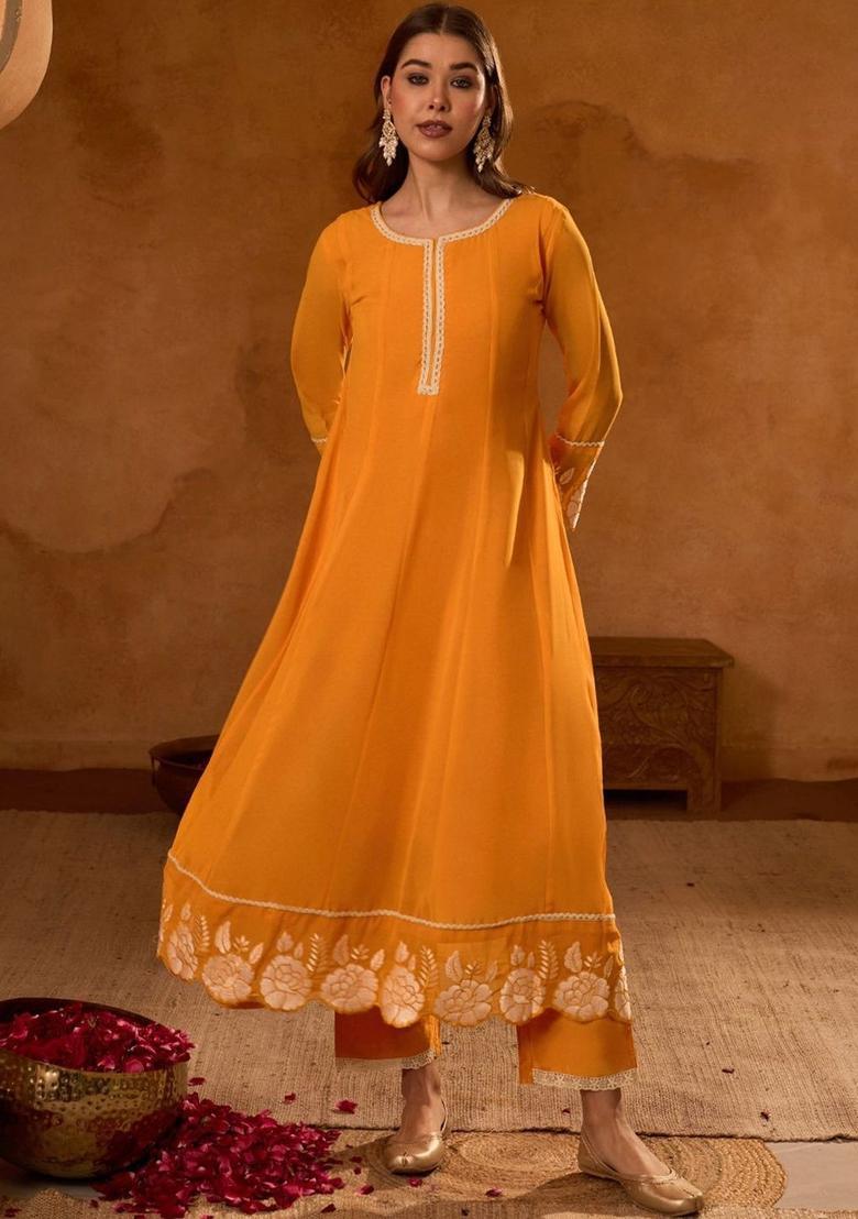 Yellow Embroidered Georgette Kurta Set - Indya