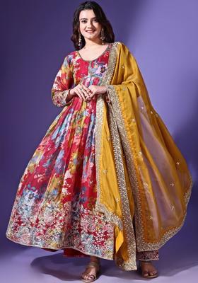 Red Printed Georgette Kurta Set