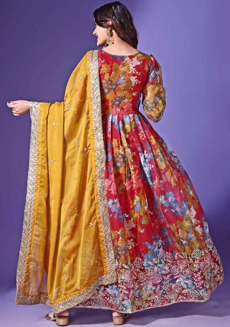 Red Printed Georgette Kurta Set - Indya