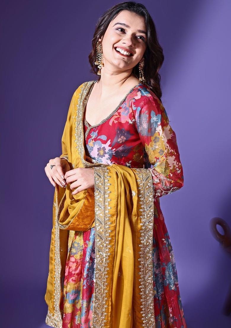 Red Printed Georgette Kurta Set - Indya