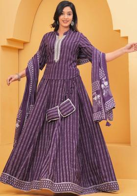 Purple Printed Cotton Kurta Set