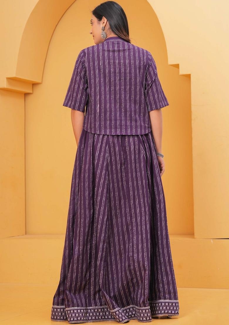 Purple Printed Cotton Kurta Set - Indya