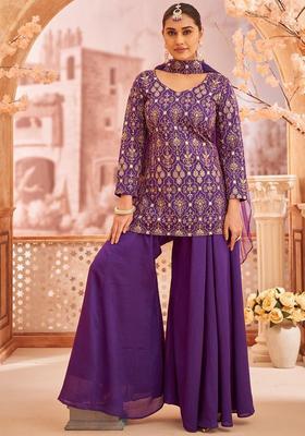 Purple Embroidered Silk Kurta Set