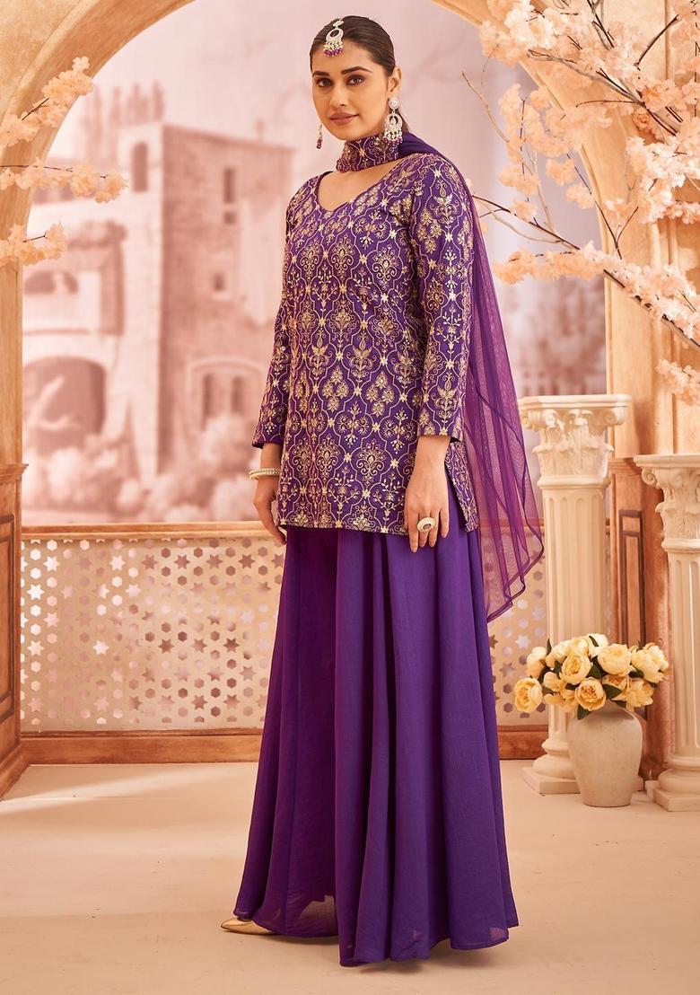 Purple Embroidered Silk Kurta Set - Indya
