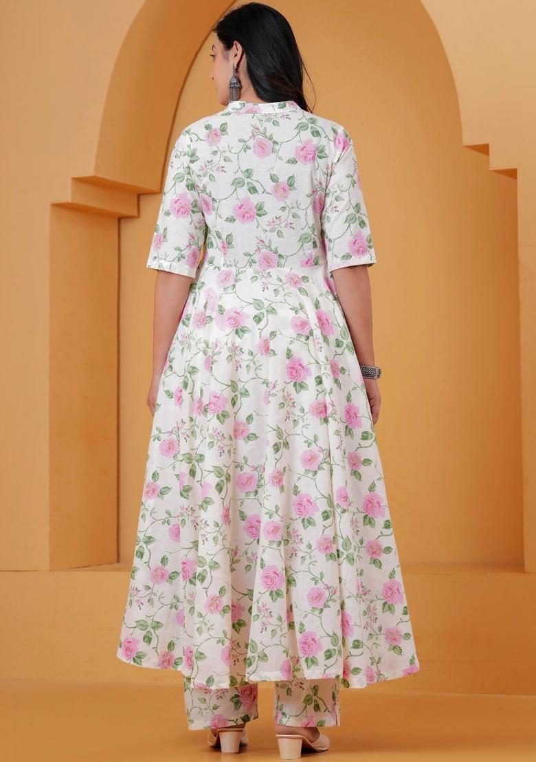 Cream Printed Cotton Kurta Set - Indya