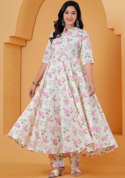 Cream Printed Cotton Kurta Set