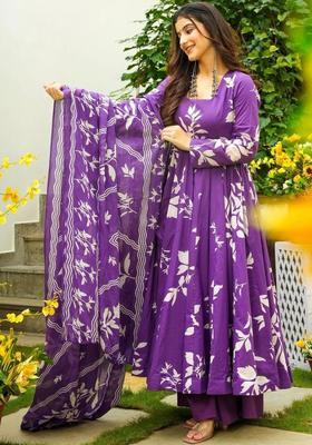Purple Printed Viscose Kurta Set