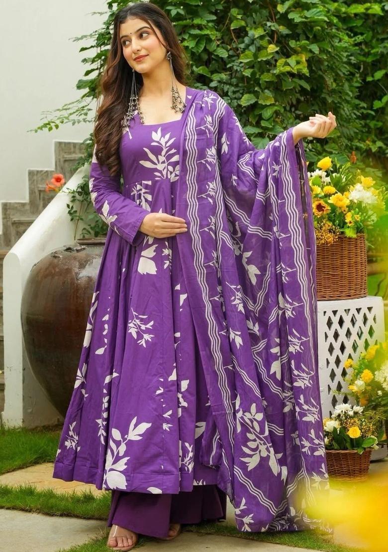 Purple Printed Viscose Kurta Set - Indya