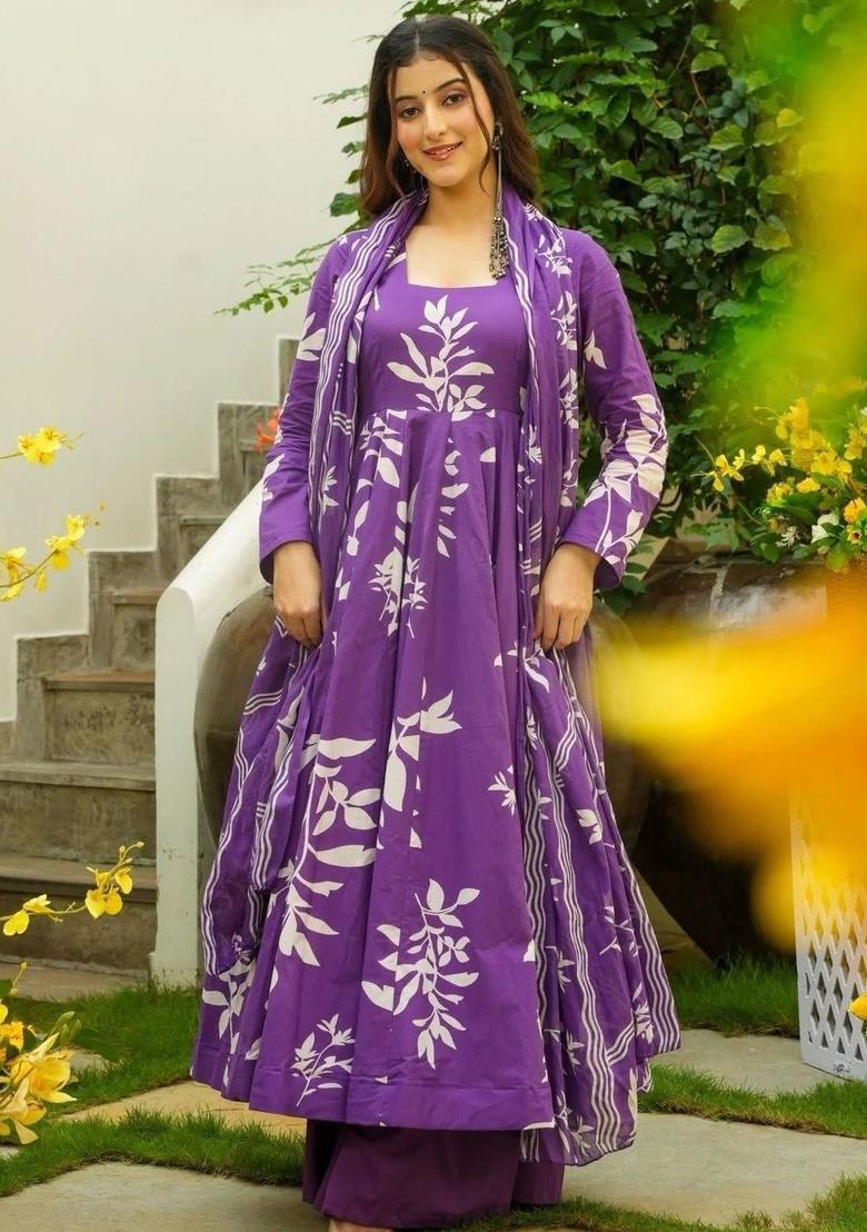 Purple Printed Viscose Kurta Set - Indya