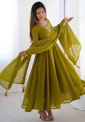Olive Embroidered Georgette Kurta Set