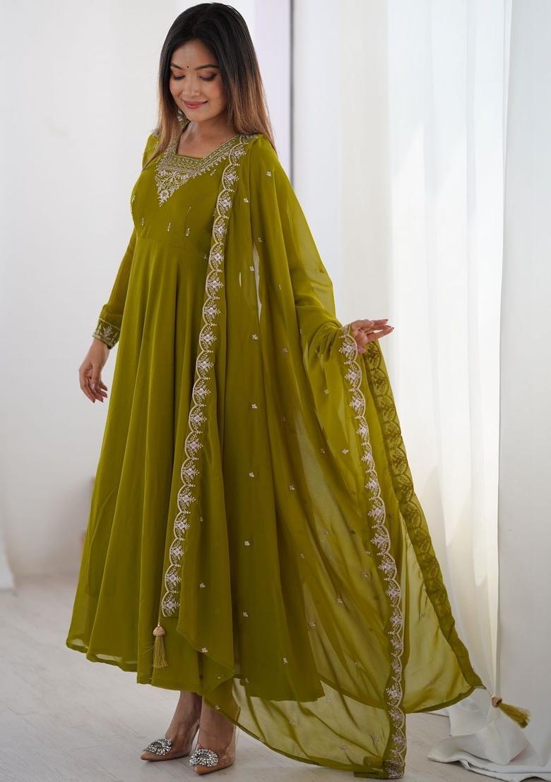 Olive Embroidered Georgette Kurta Set - Indya