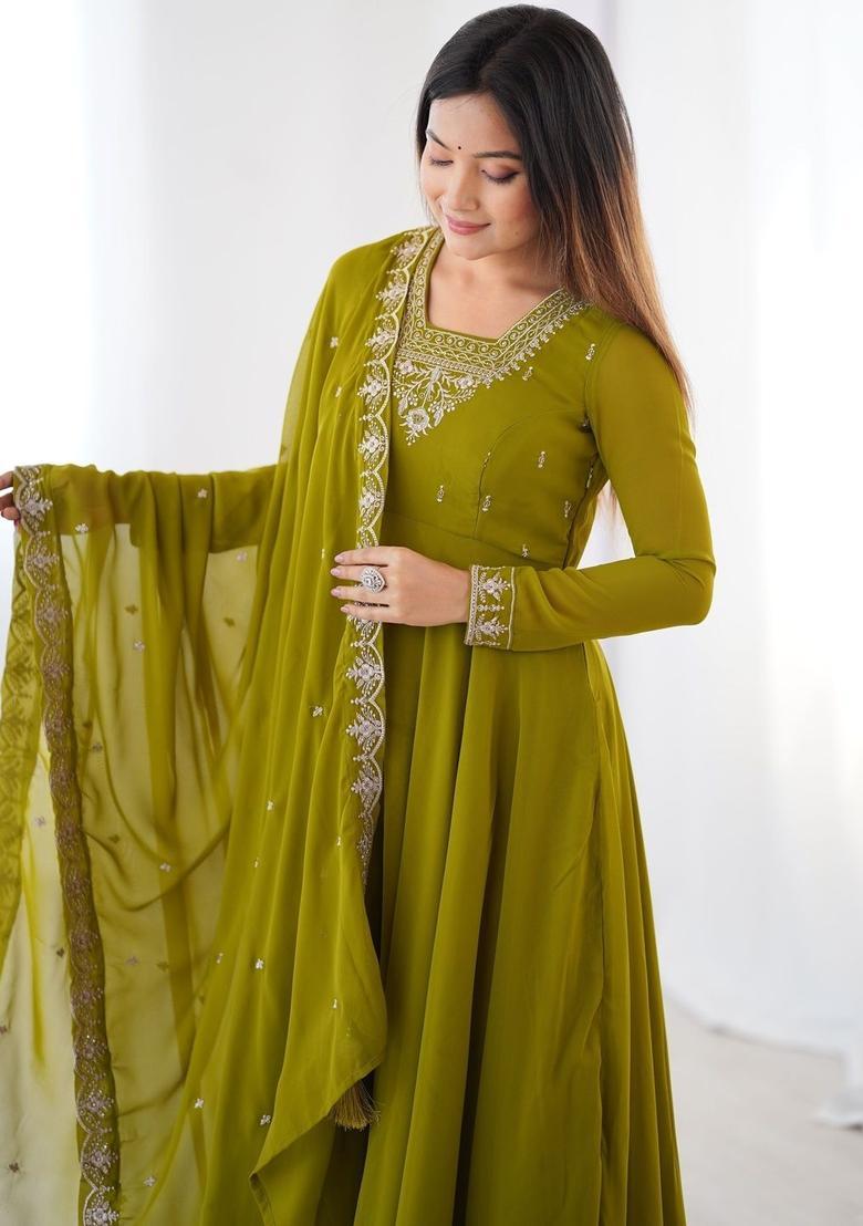 Olive Embroidered Georgette Kurta Set - Indya