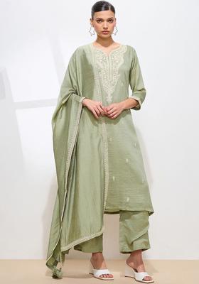 Olive Embroidered Silk Kurta Set