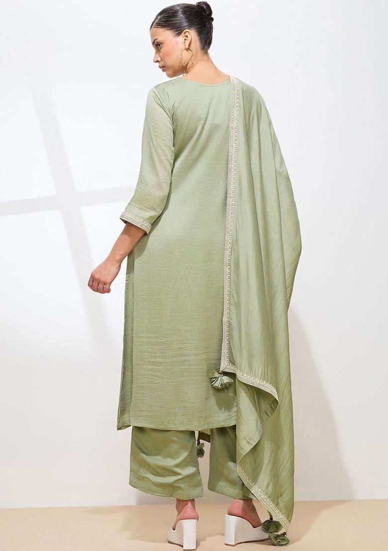 Olive Embroidered Silk Kurta Set - Indya