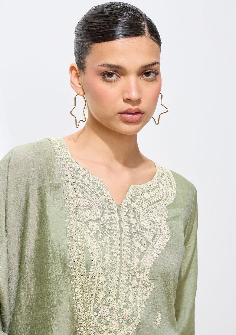 Olive Embroidered Silk Kurta Set - Indya