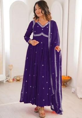 Purple Embroidered Georgette Kurta Set