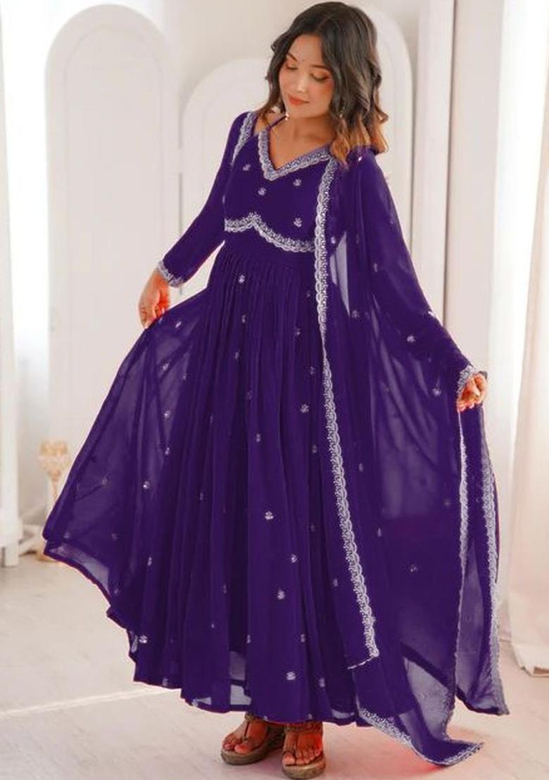 Purple Embroidered Georgette Kurta Set - Indya