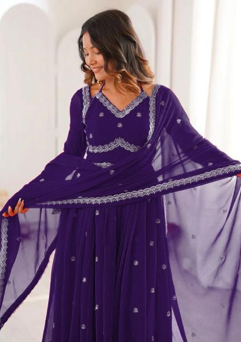 Purple Embroidered Georgette Kurta Set - Indya