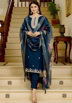 Navy Blue Embroidered Cotton Kurta Set