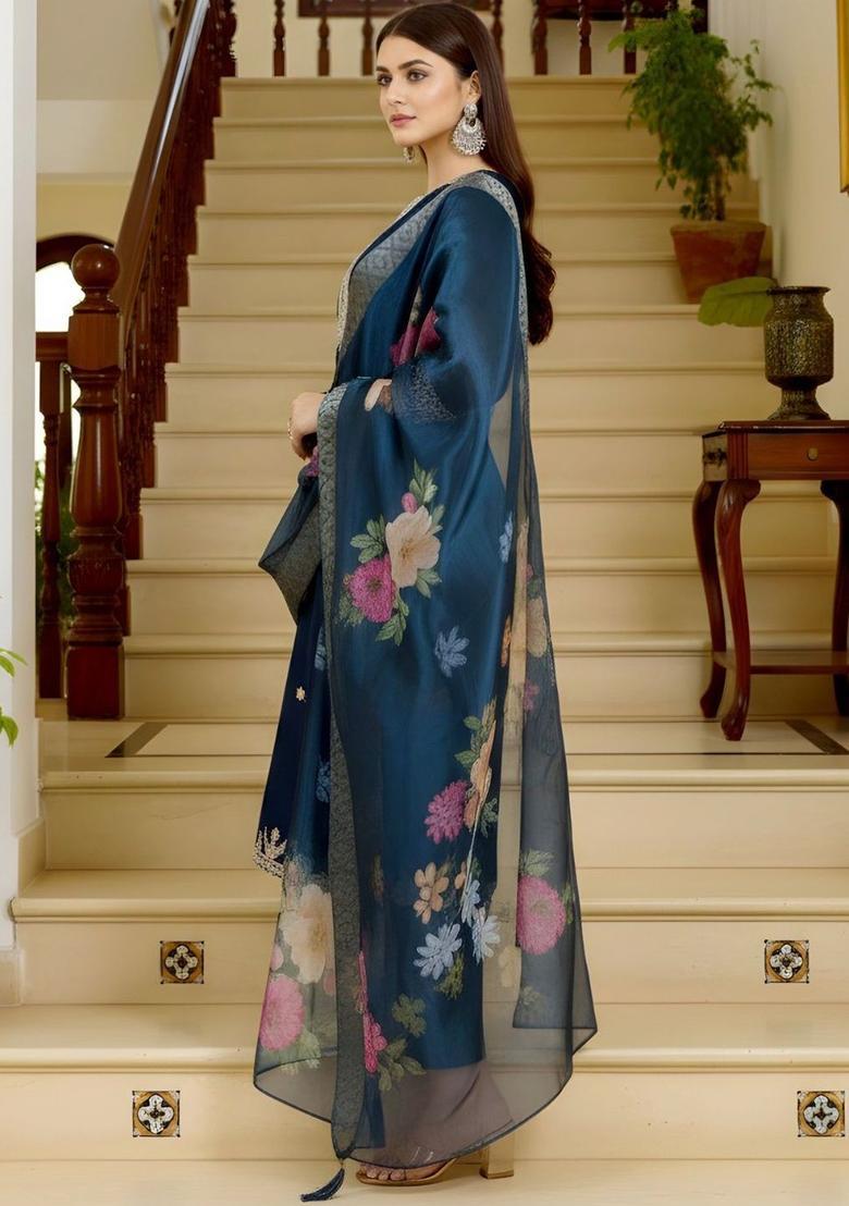 Navy Blue Embroidered Cotton Kurta Set - Indya