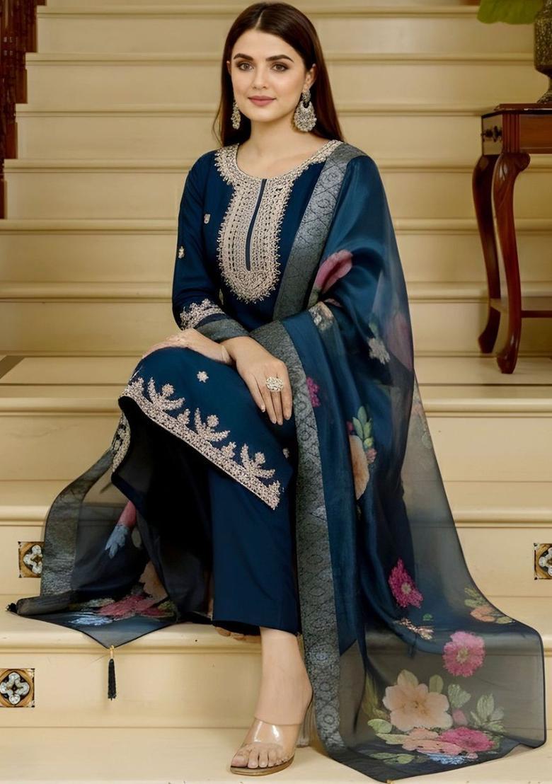 Navy Blue Embroidered Cotton Kurta Set - Indya