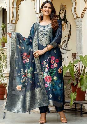 Teal Embroidered Viscose Kurta Set