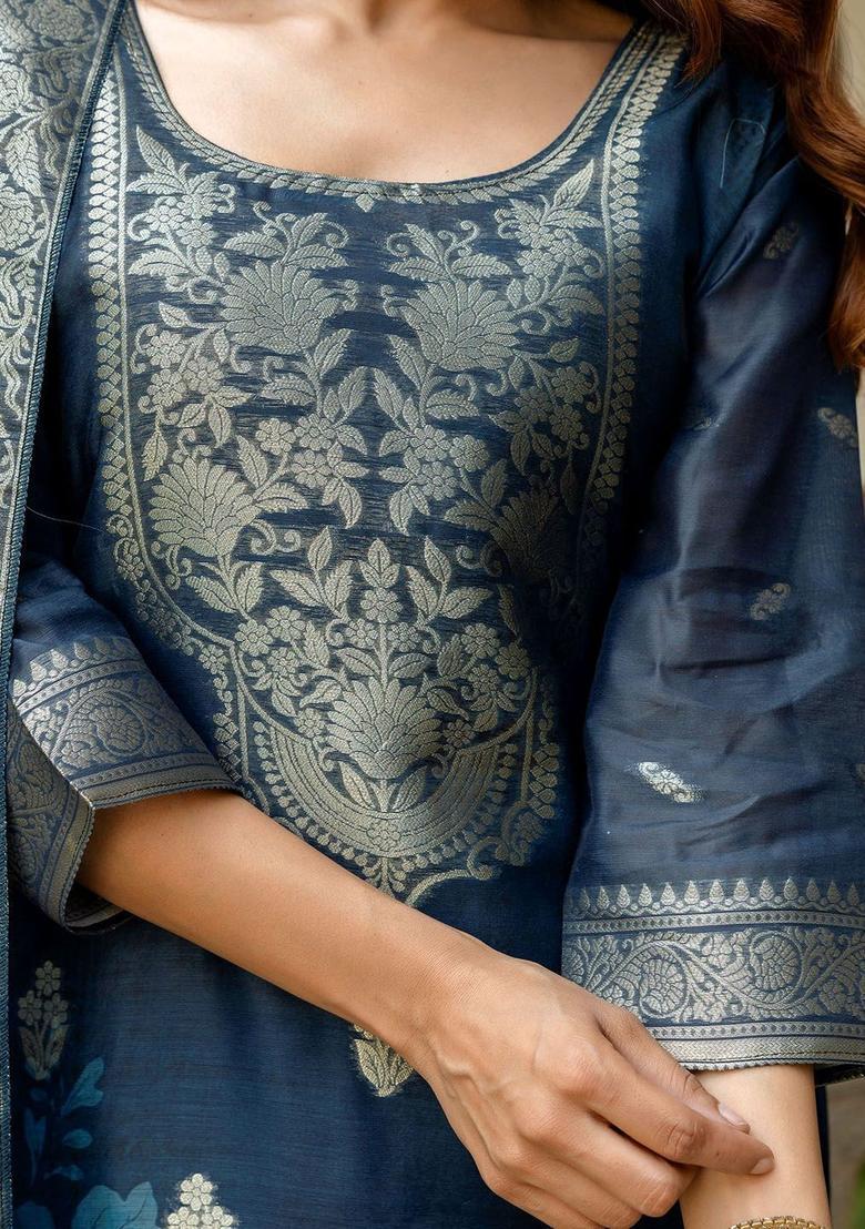 Teal Embroidered Viscose Kurta Set - Indya