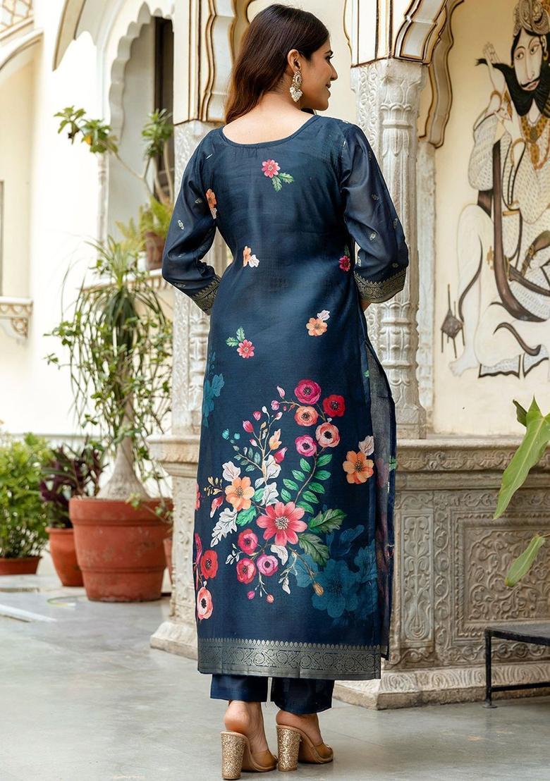 Teal Embroidered Viscose Kurta Set - Indya