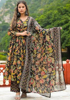 Black Printed Cotton Kurta Set