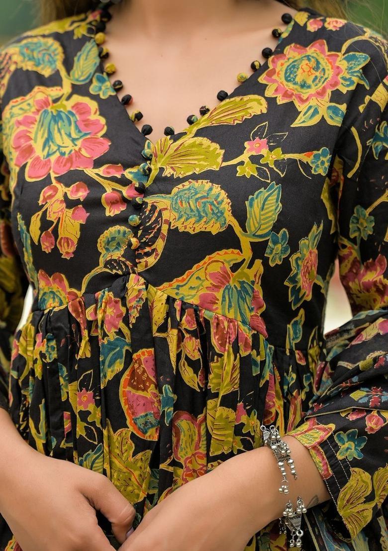 Black Printed Cotton Kurta Set - Indya