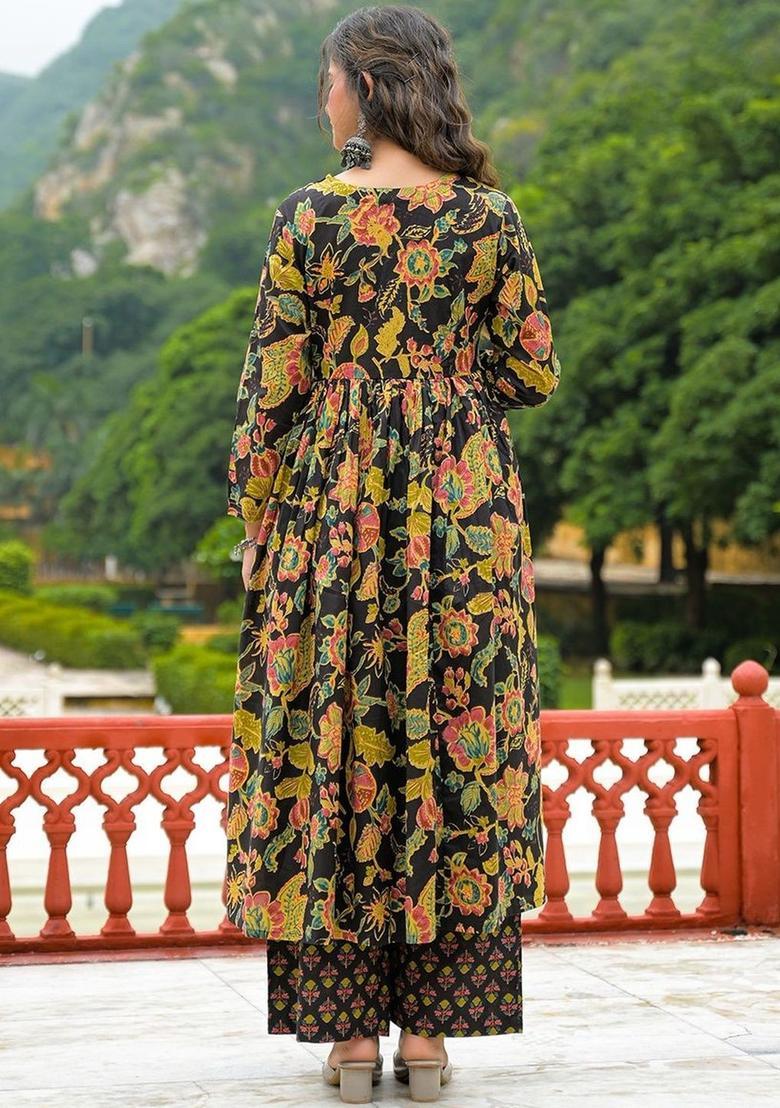 Black Printed Cotton Kurta Set - Indya