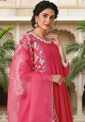 Fuchsia Embroidered Silk Kurta Set