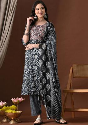 Navy Blue Printed Cotton Kurta Set
