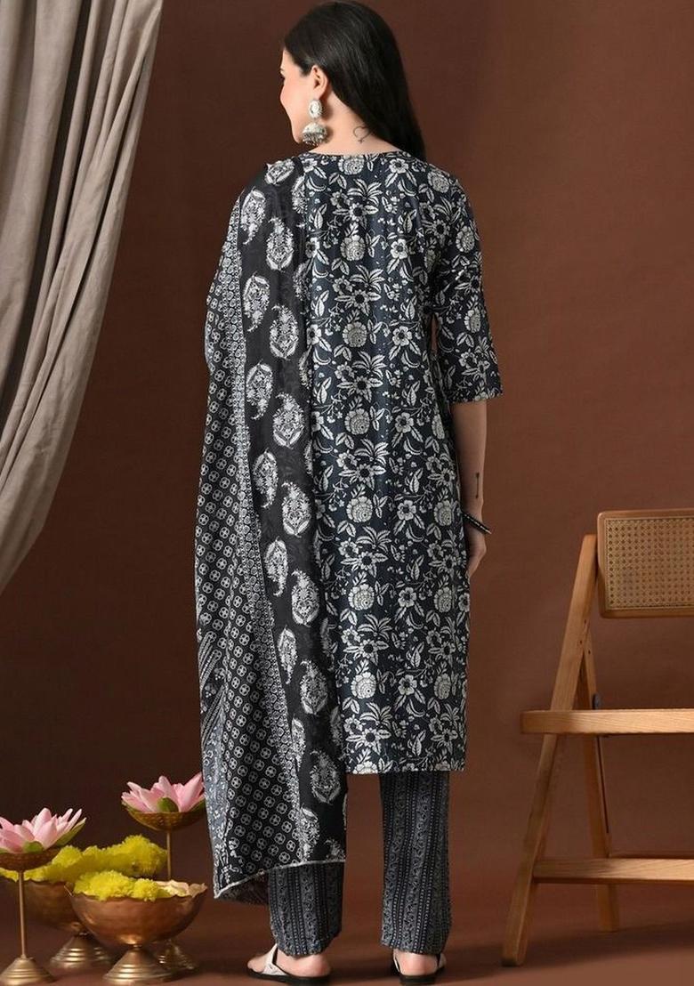 Navy Blue Printed Cotton Kurta Set - Indya