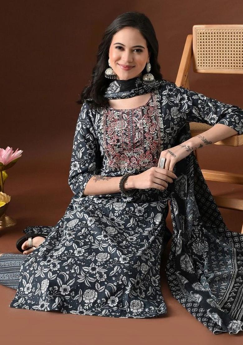 Navy Blue Printed Cotton Kurta Set - Indya