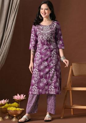 Purple Printed Cotton Kurta Set