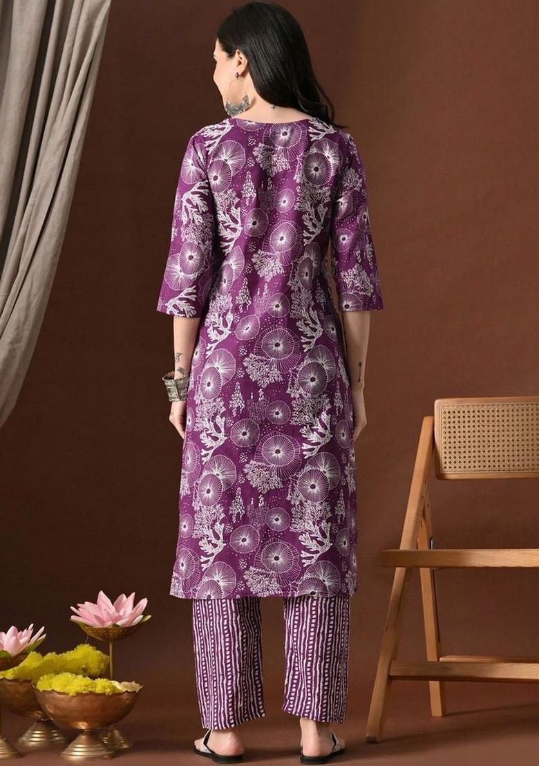 Purple Printed Cotton Kurta Set - Indya