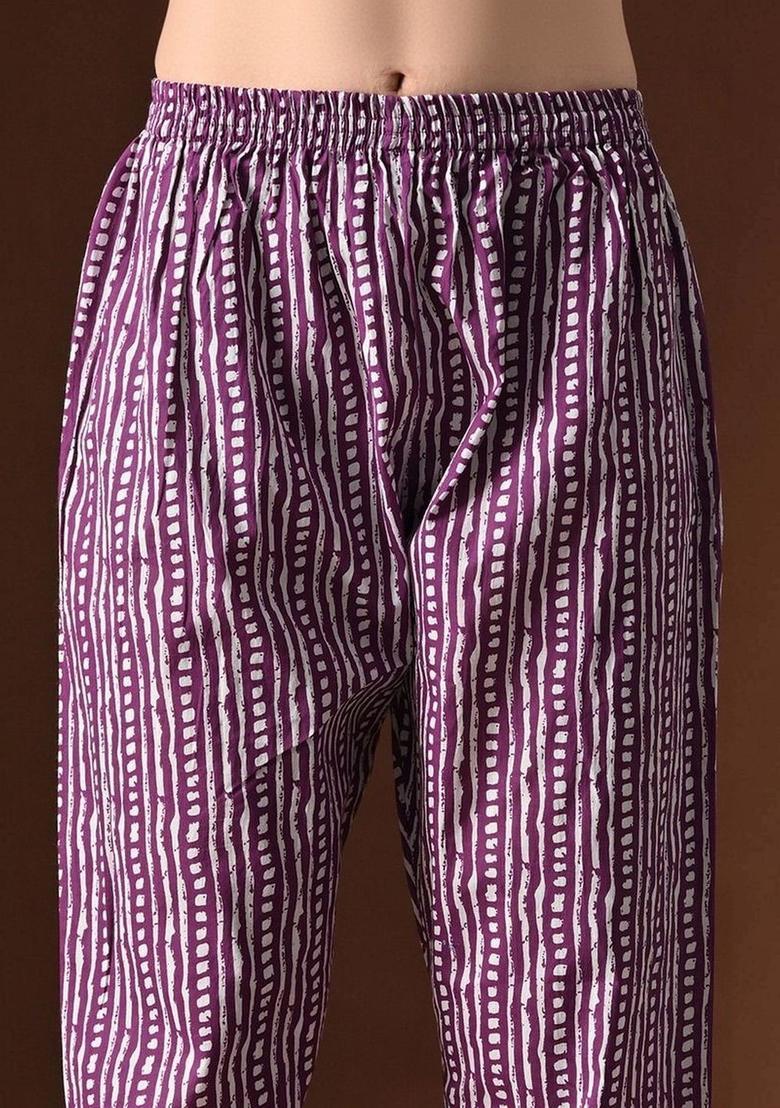 Purple Printed Cotton Kurta Set - Indya