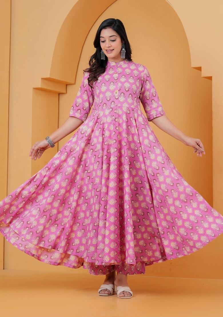 Purple Printed Cotton Kurta Set - Indya