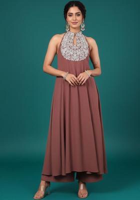 Brown Embroidered Silk Kurta Set