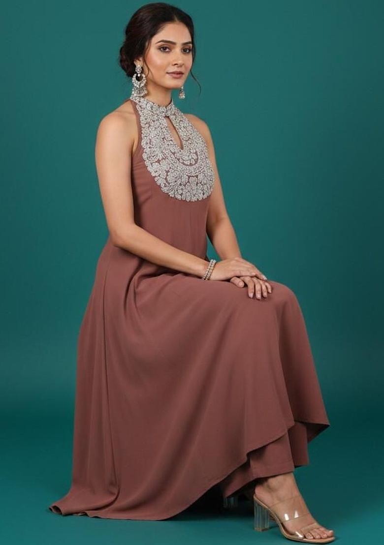 Brown Embroidered Silk Kurta Set - Indya