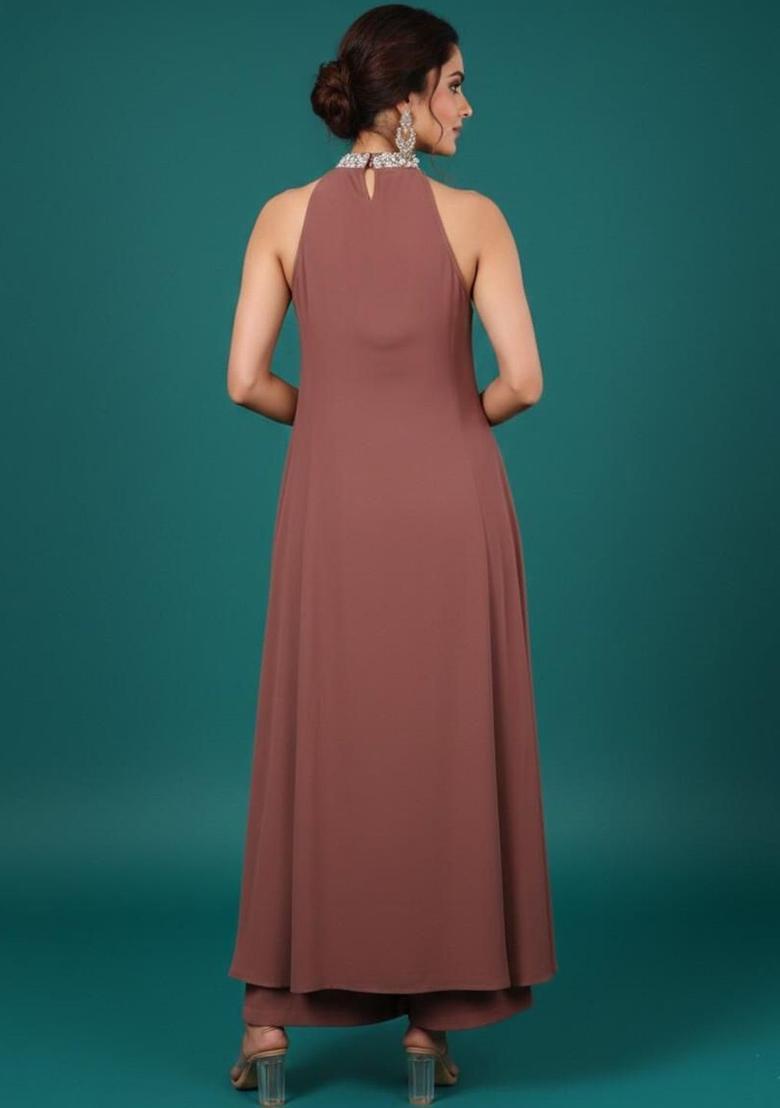 Brown Embroidered Silk Kurta Set - Indya