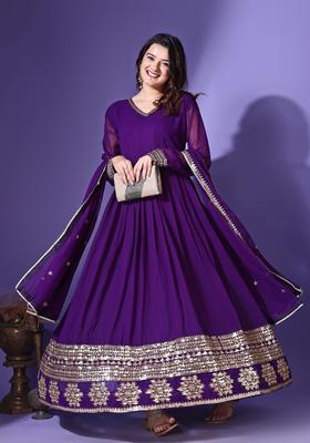 Purple Embroidered Georgette Anarkali Set