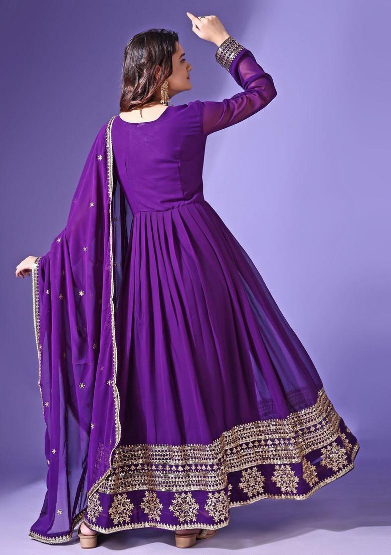 Purple Embroidered Georgette Anarkali Set - Indya