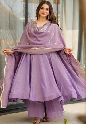 Purple Solid Chinon Kurta Set