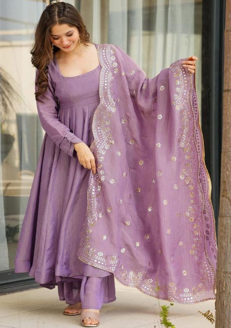 Purple Solid Chinon Kurta Set - Indya